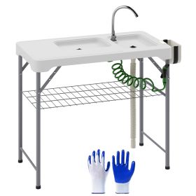 Folding Fish Cleaning Table With Sinks, Portable Camping Sink Table With Faucet, Drainage Hose, Sprayer, Shelf, Drawer And Storage Basket, Outdoo (Option: White)