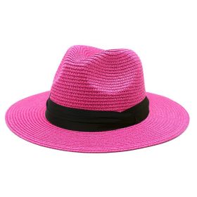 Women Men Wide Brim Straw Panama Roll up Hat Fedora Beach Sun Hat UPF50+ (Color: rose red)