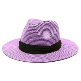 Women Men Wide Brim Straw Panama Roll up Hat Fedora Beach Sun Hat UPF50+ (Color: purple)